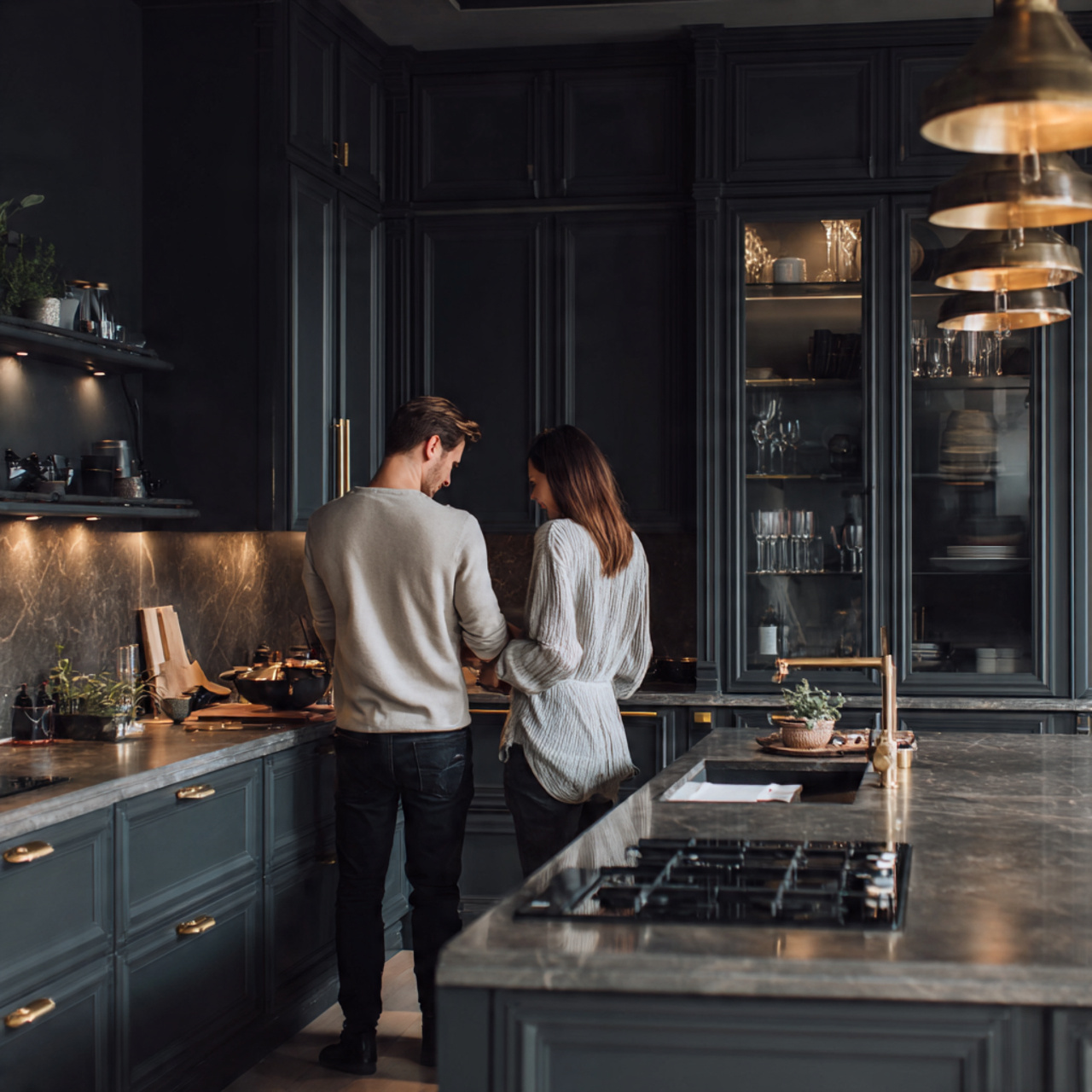 a sleek contemporary kitchen with moody charcoal c