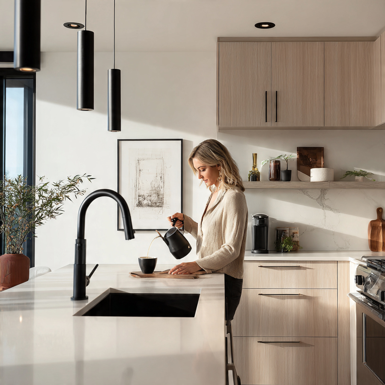 a sleek modern kitchen with matte black faucets ca