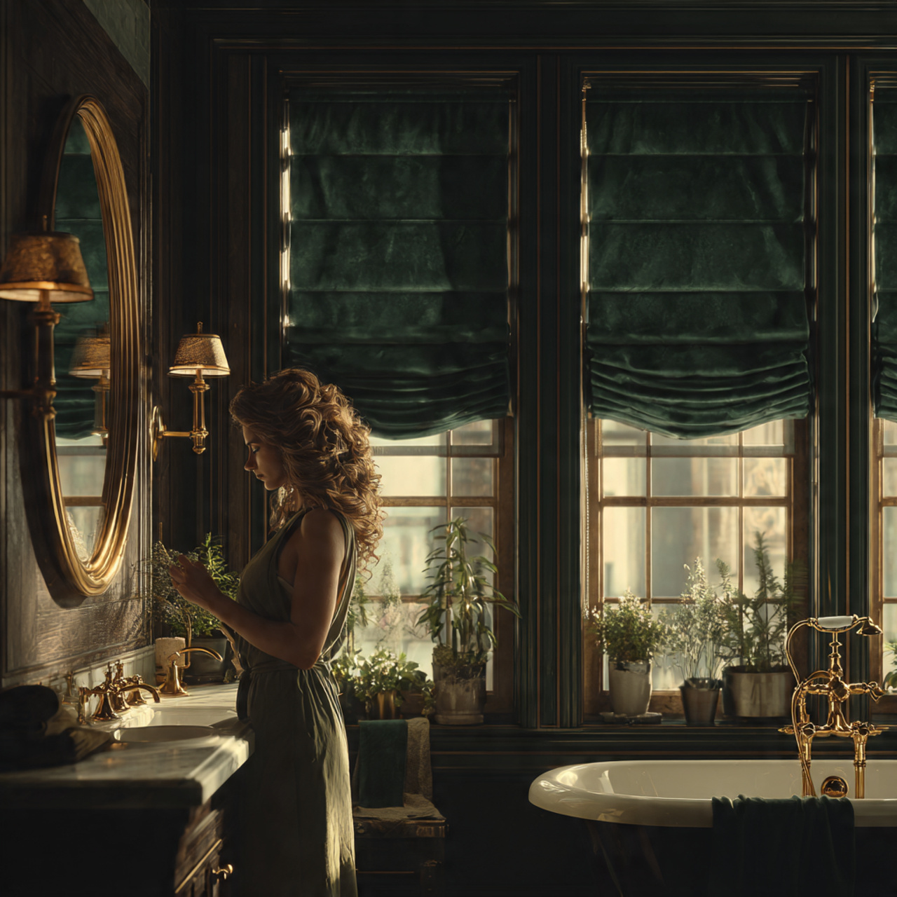 a sophisticated bathroom with hunter green velvet