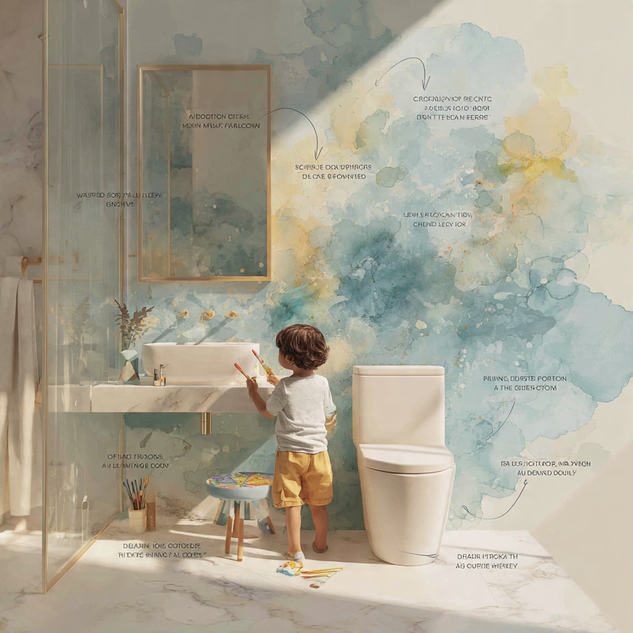 a sophisticated kids bathroom decor featuring abst