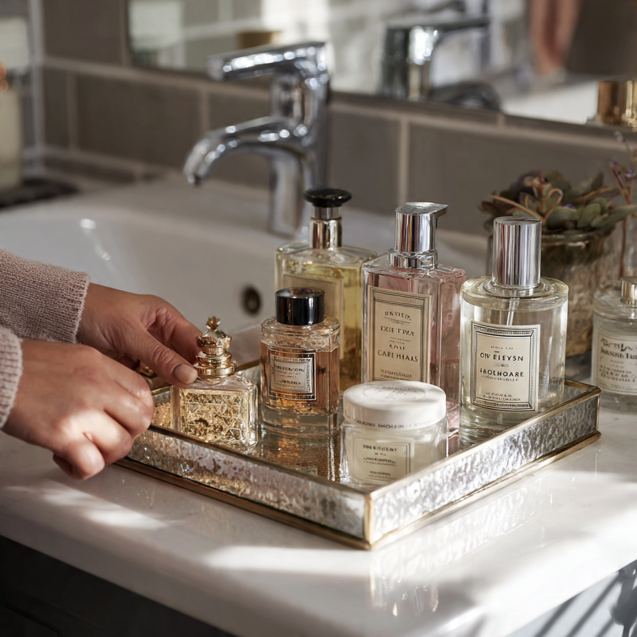 a stylish bathroom vanity with a mirrored tray hol