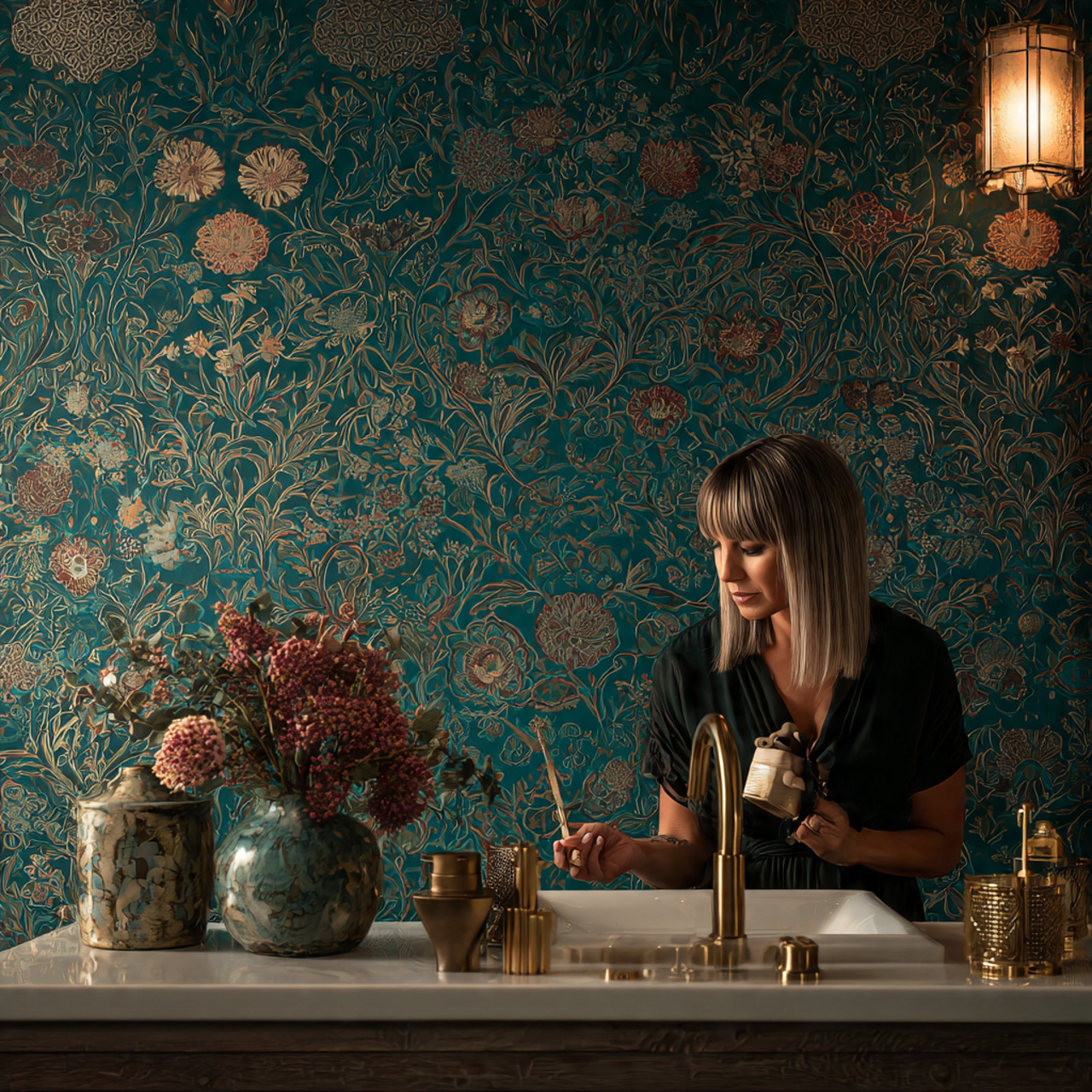 a stylish bathroom wall adorned with deep teal pat