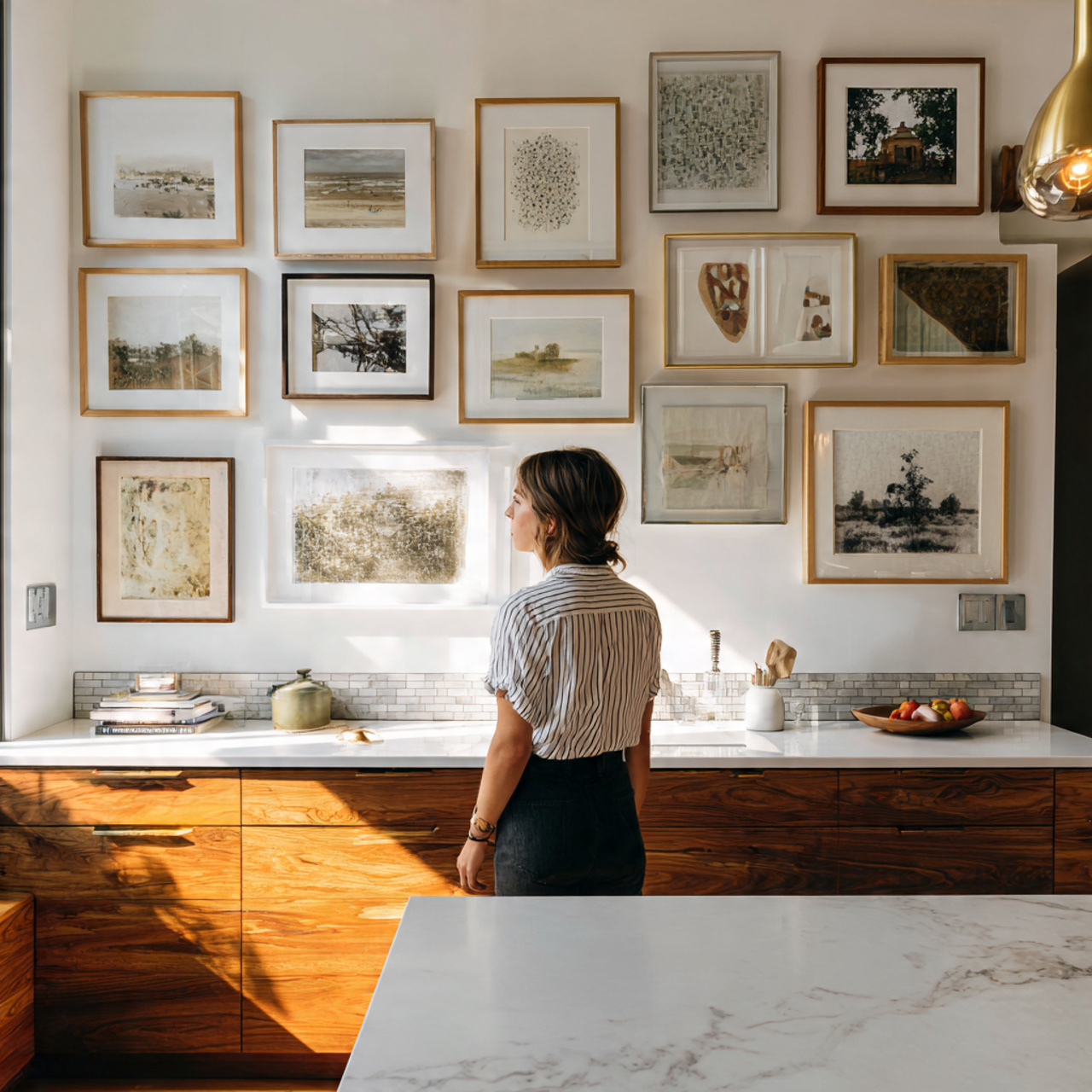 a stylish kitchen featuring a gallery wall of fram