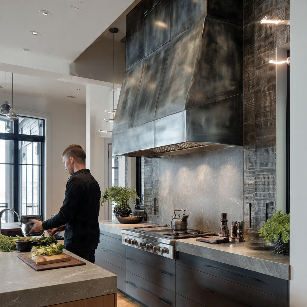 a stylish kitchen with a custom statement vent hoo