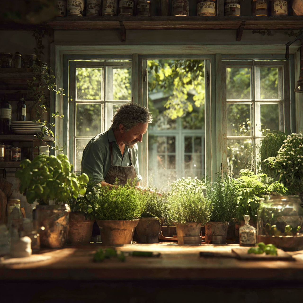 a sunlit kitchen with a windowsill full of thrivin