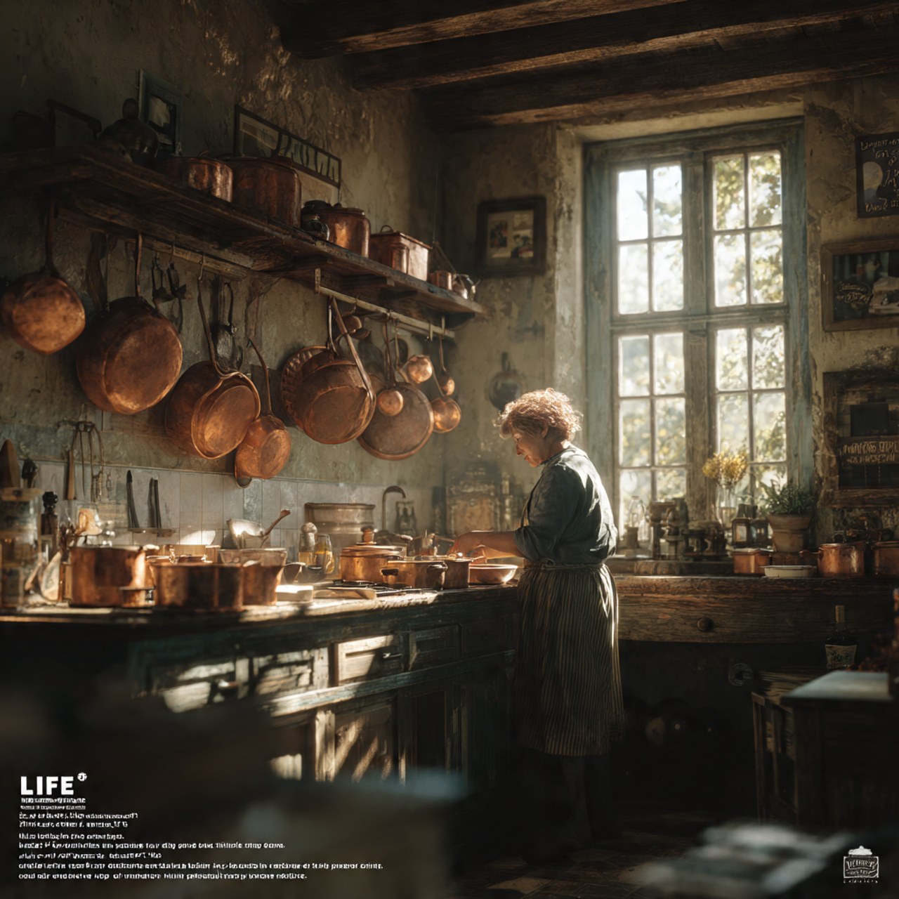 a sunlit rustic kitchen showcasing vintage copper