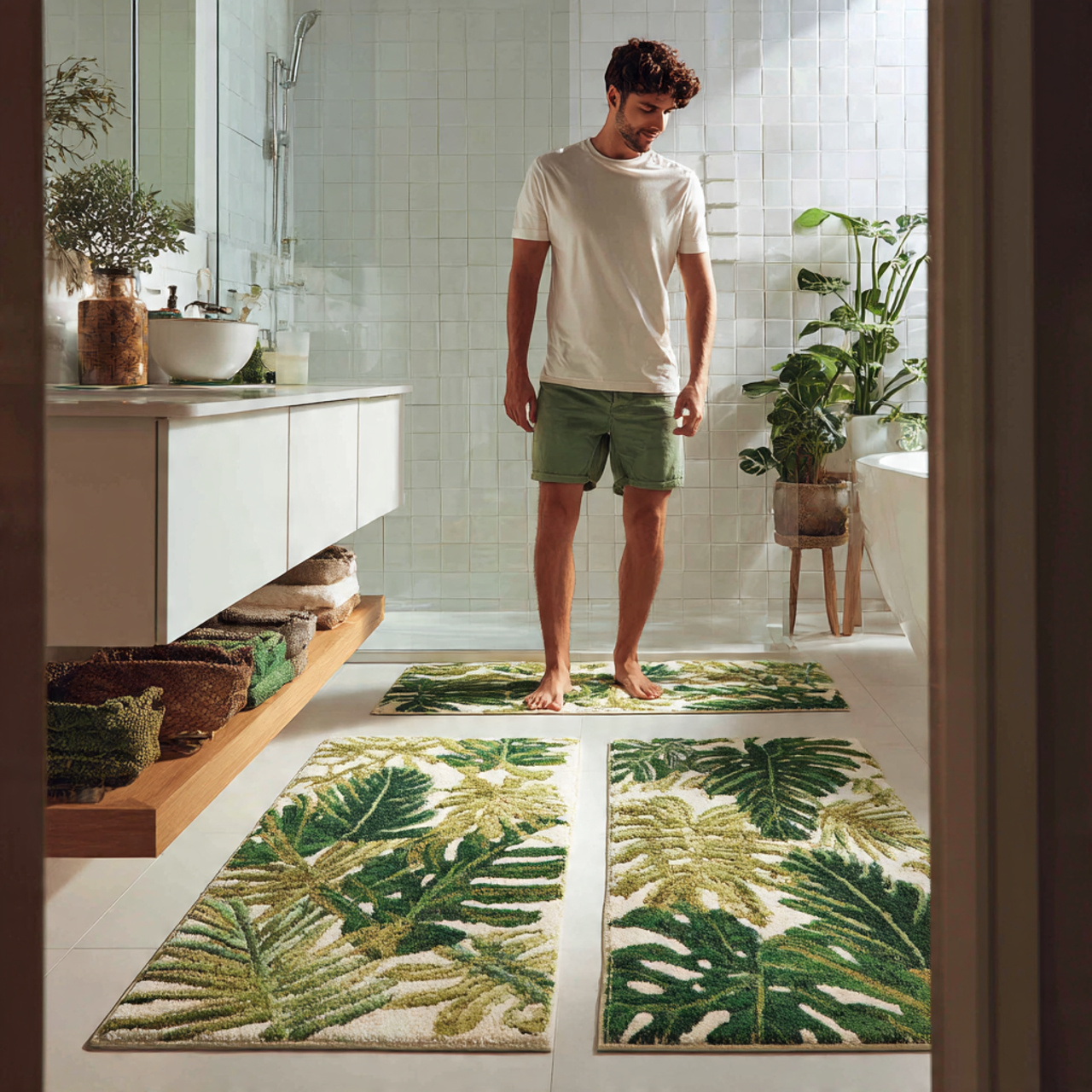 a tropical inspired bathroom with botanical leaf p