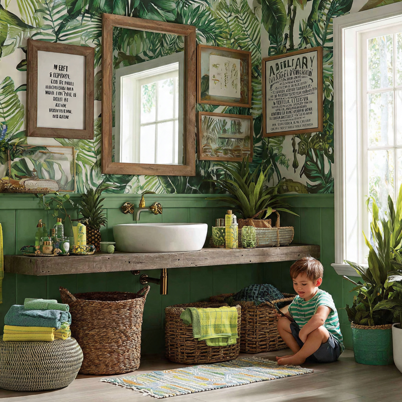 a vibrant kids bathroom decor with a tropical jung