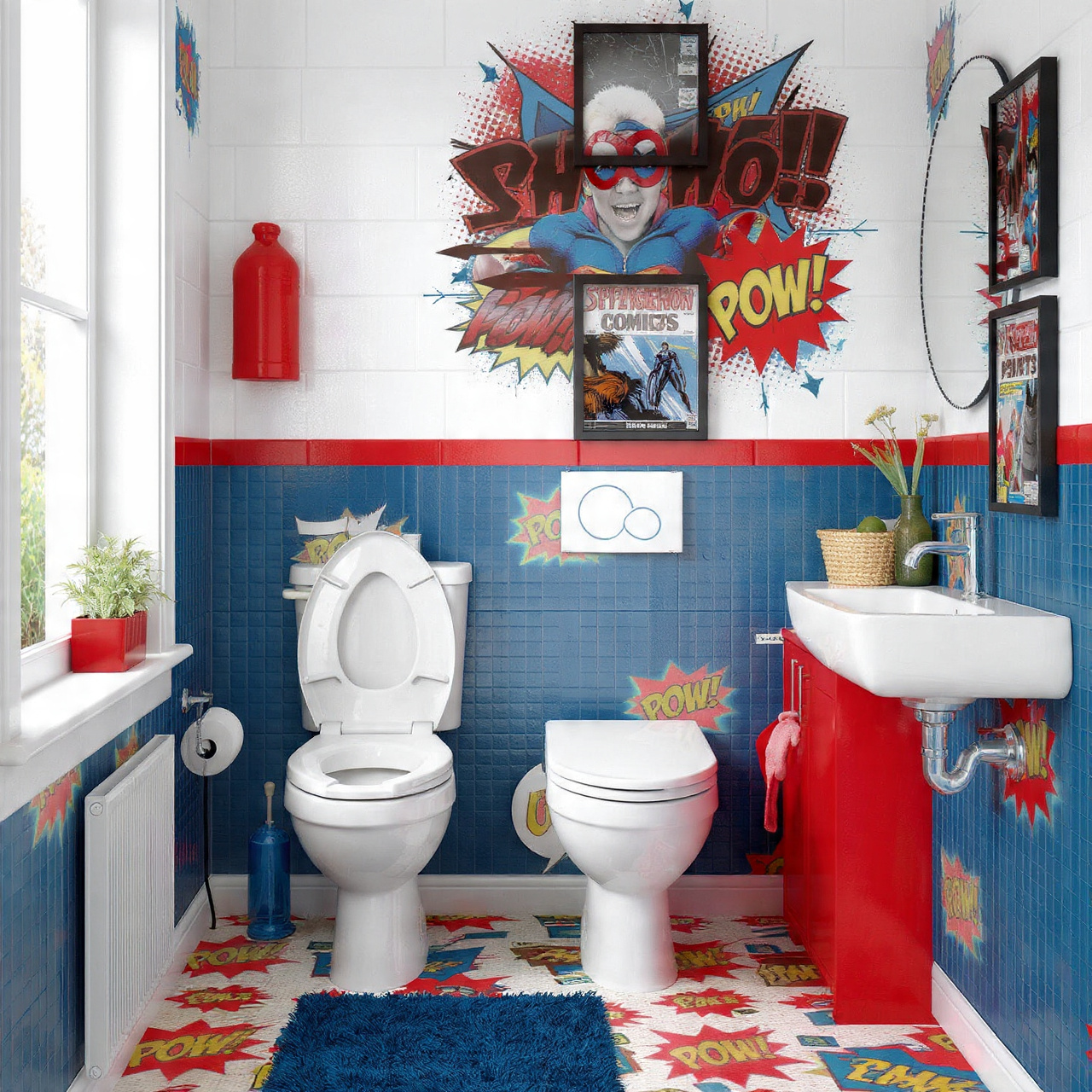 a vibrant kids bathroom decor with superhero comic