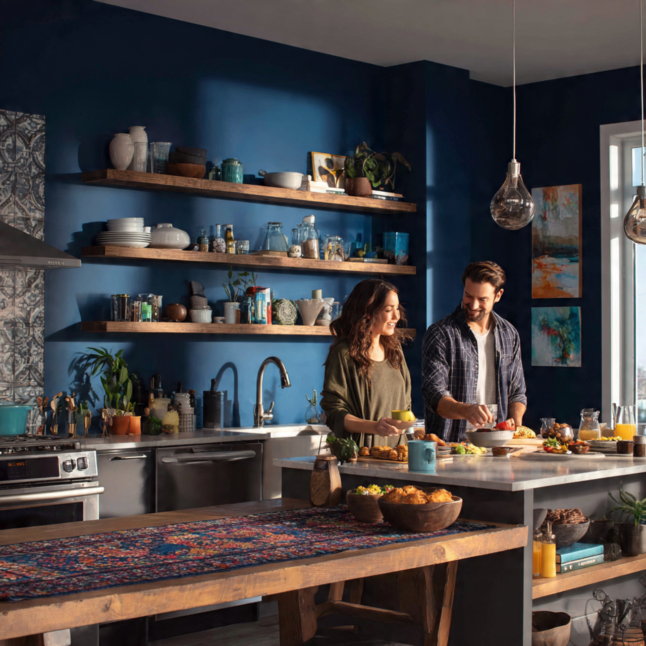 a vibrant kitchen featuring a bold accent wall in