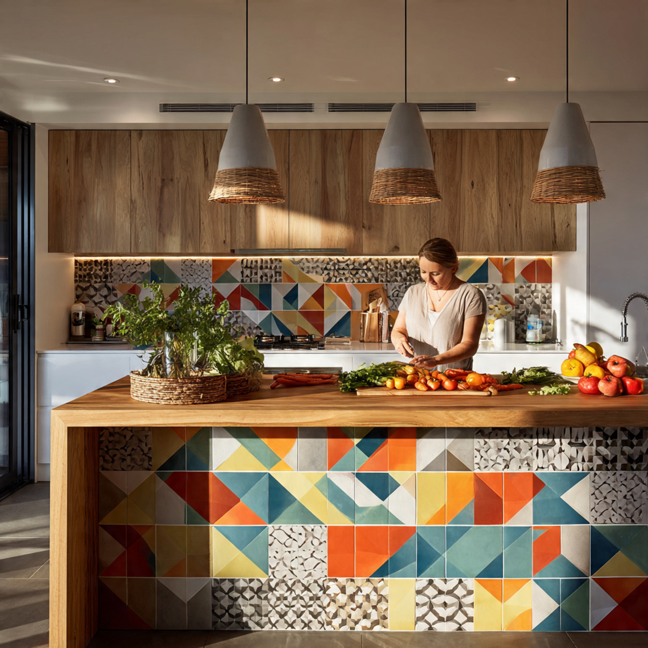 a vibrant kitchen with a bold patterned backsplash