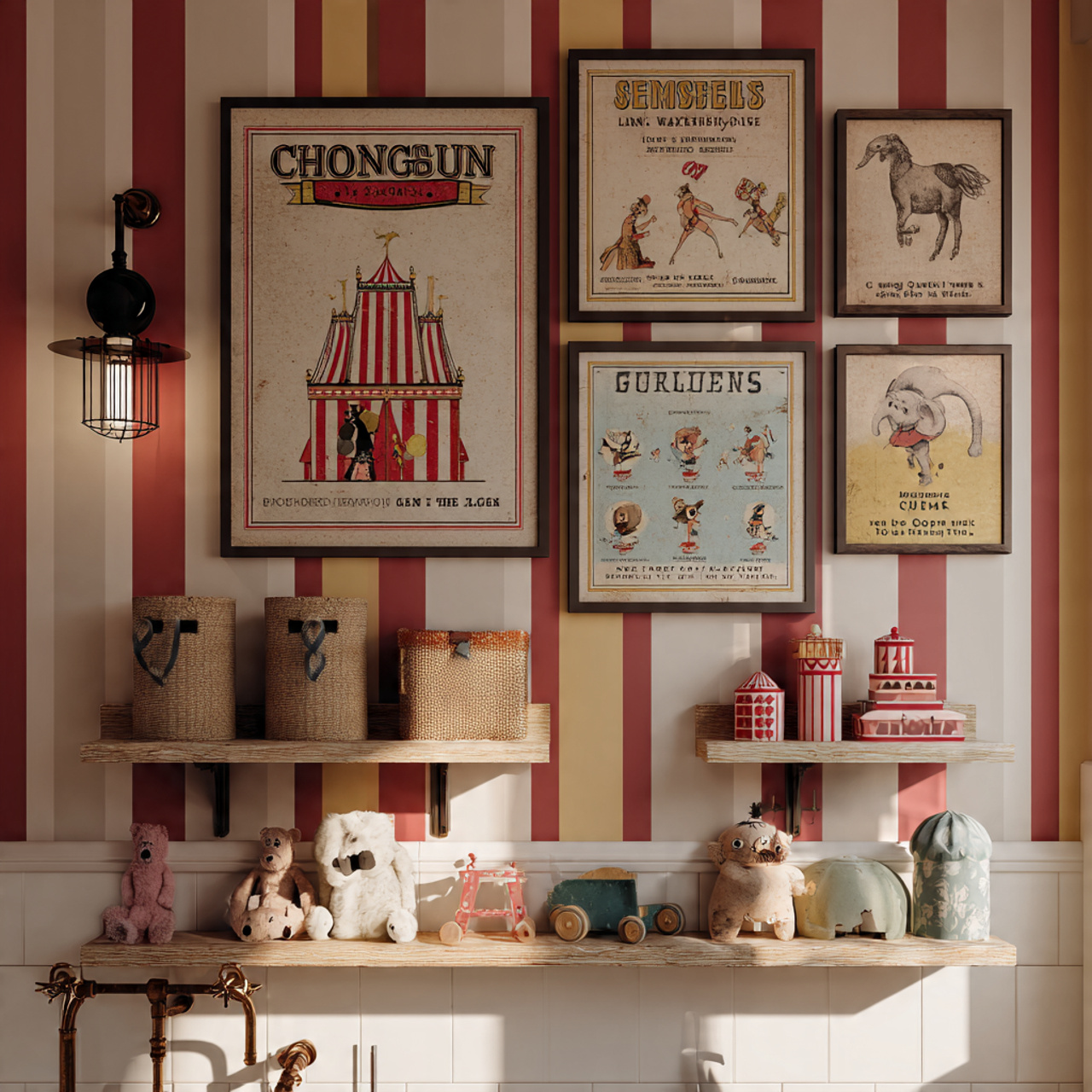 a vintage circus themed kids bathroom decor muted