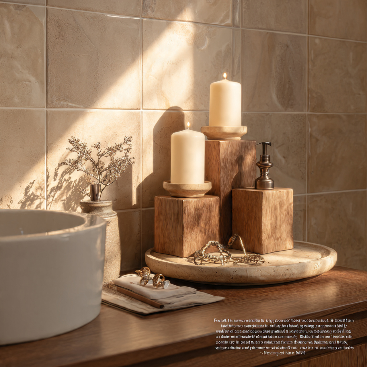 a warm bathroom sink area with small wooden pedest