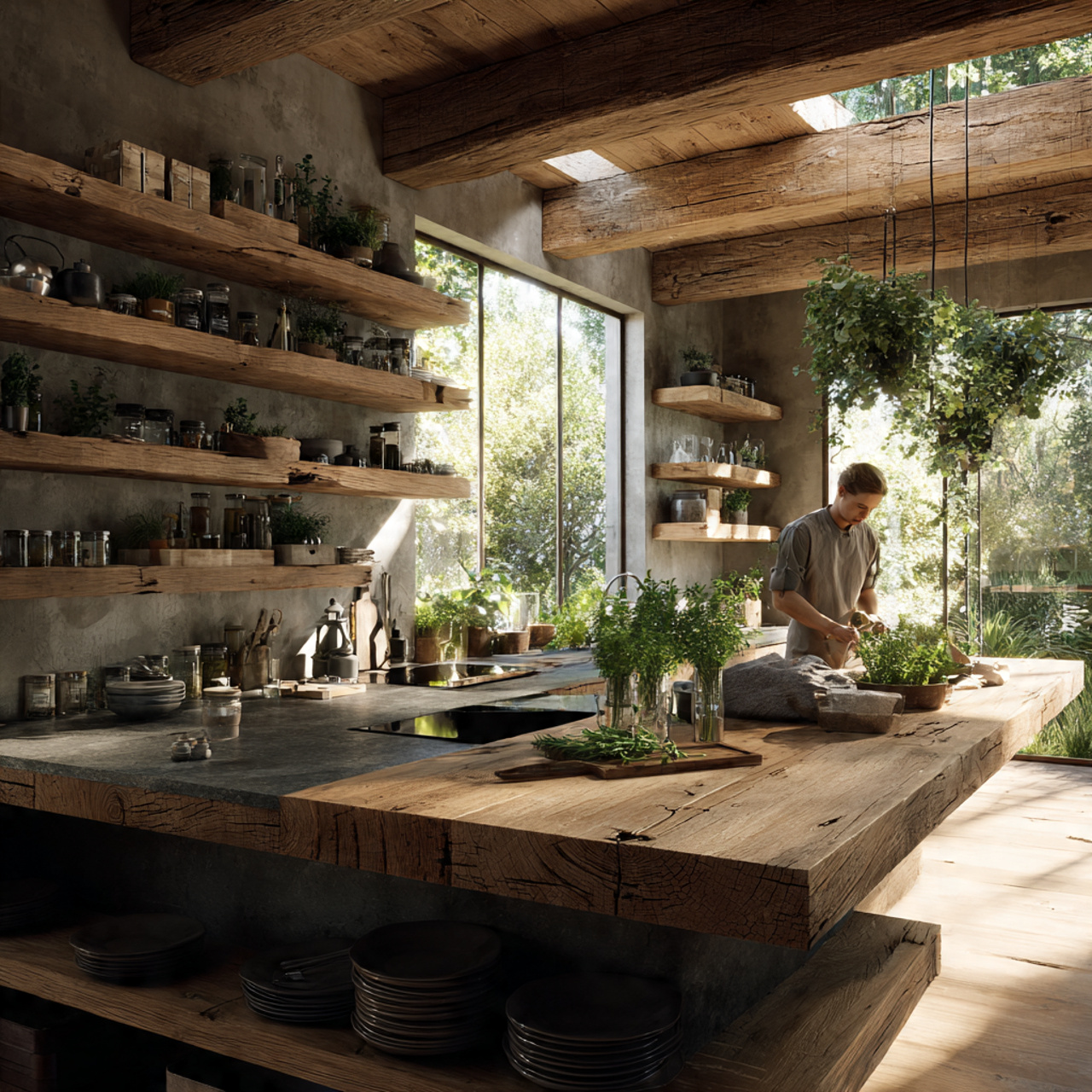 a warm kitchen emphasizing natural wood textures i