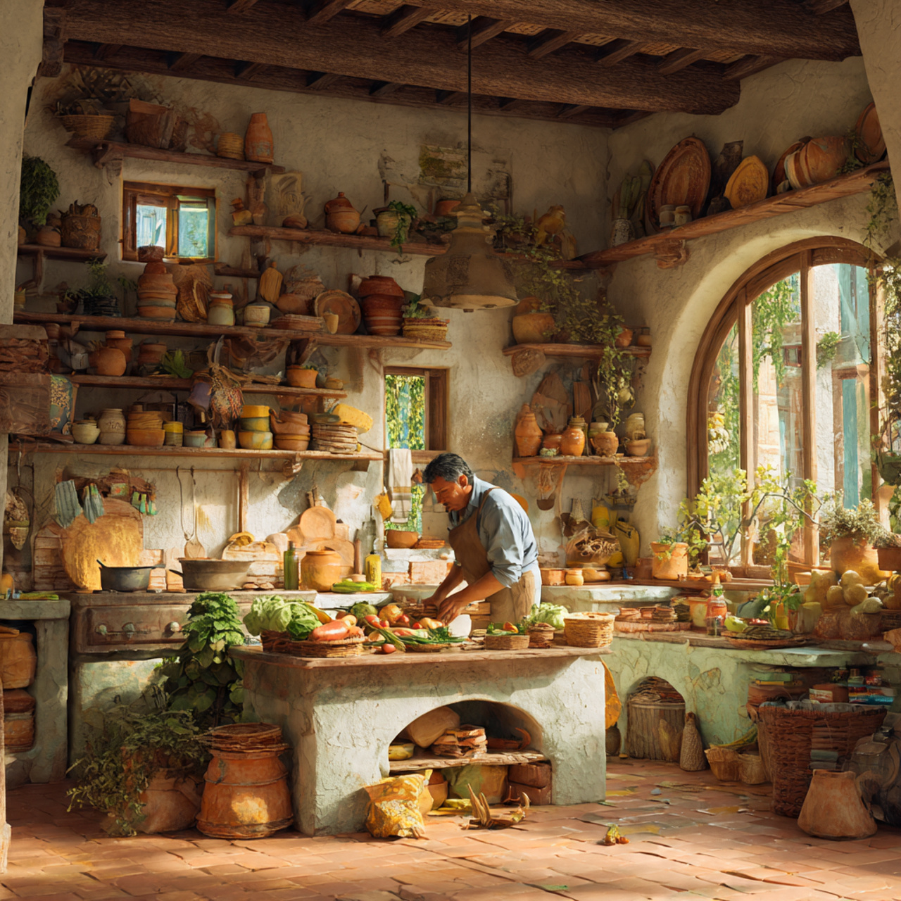 a warm mediterranean inspired kitchen featuring te