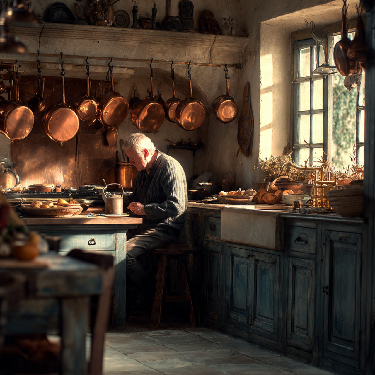 a warm rustic kitchen with vintage copper pots han