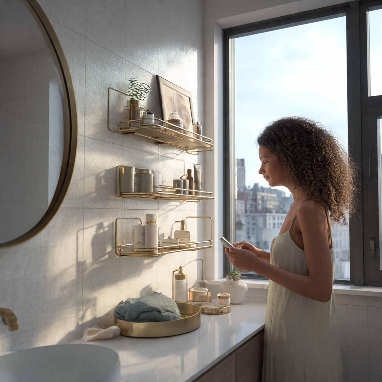 apartment bathroom featuring sleek metallic gold f
