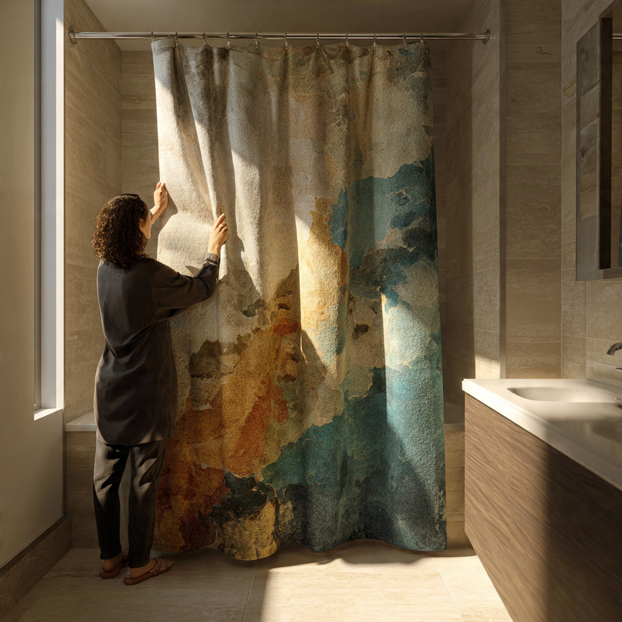 apartment bathroom with a bold statement shower cu