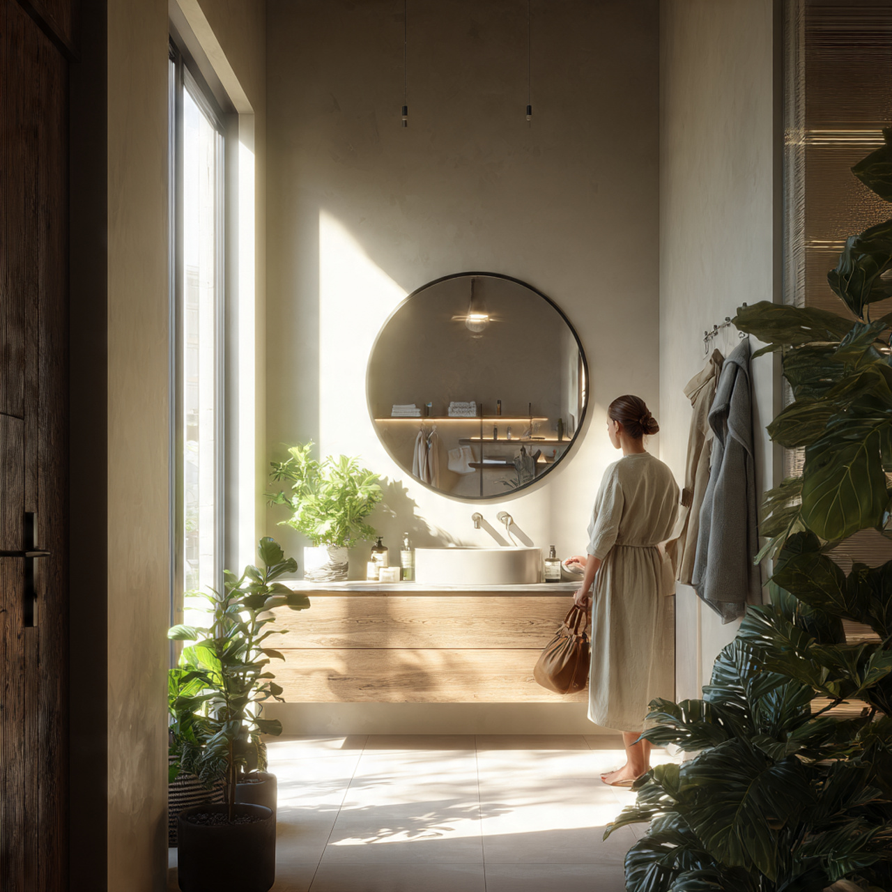 apartment bathroom with a large scale leaner mirro