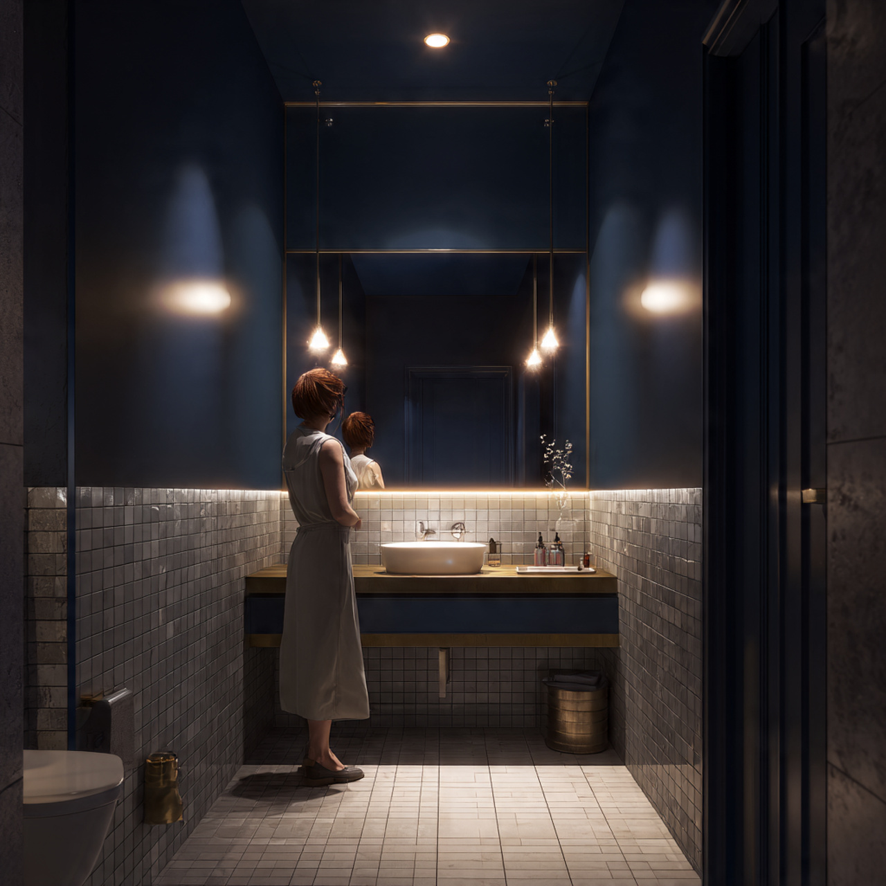 apartment bathroom with a moody dark navy accent w