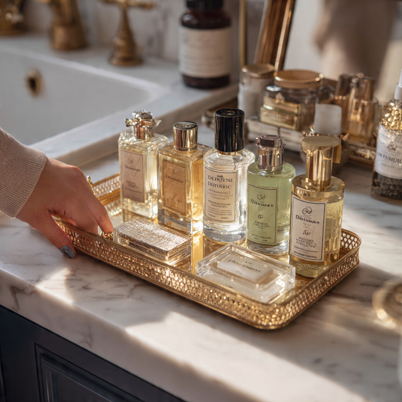 apartment bathroom with a polished brass vanity tr