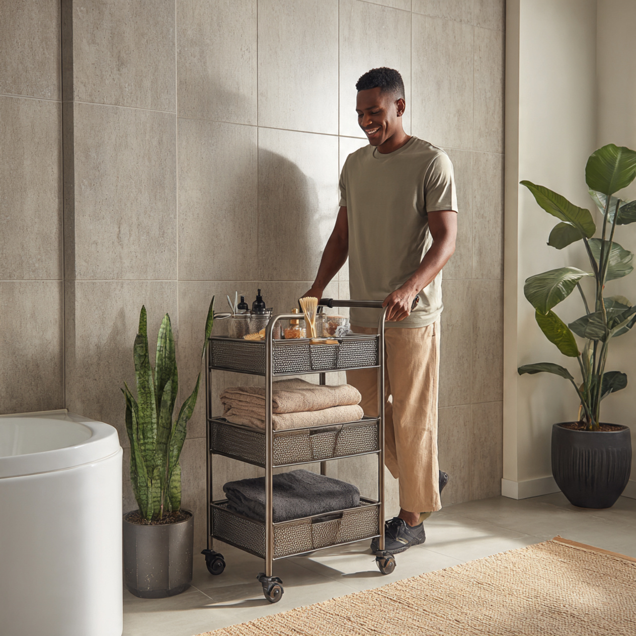 apartment bathroom with a tiered metal rolling car