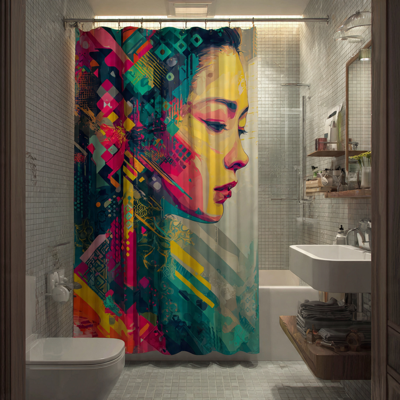apartment bathroom with a vibrant bold abstract sh