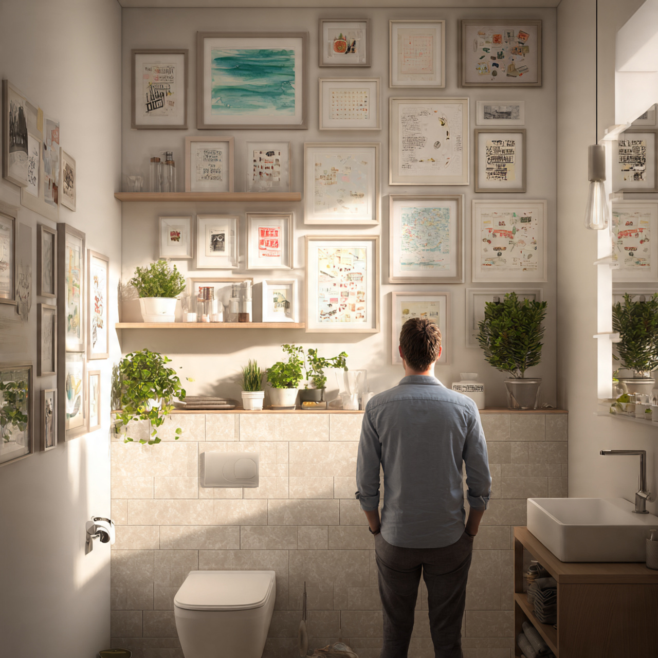 apartment bathroom with an eclectic gallery wall o