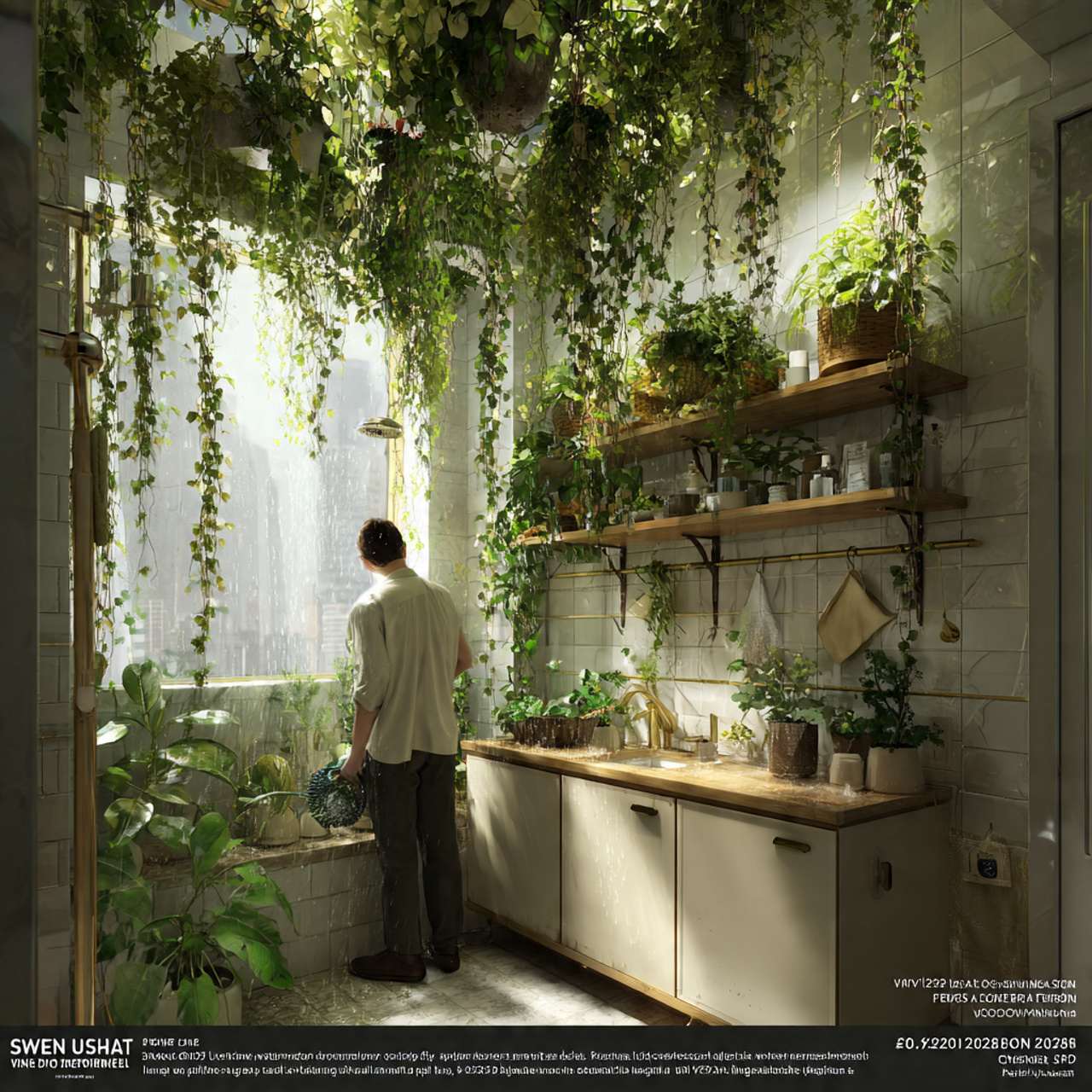 apartment bathroom with cascading greenery and han