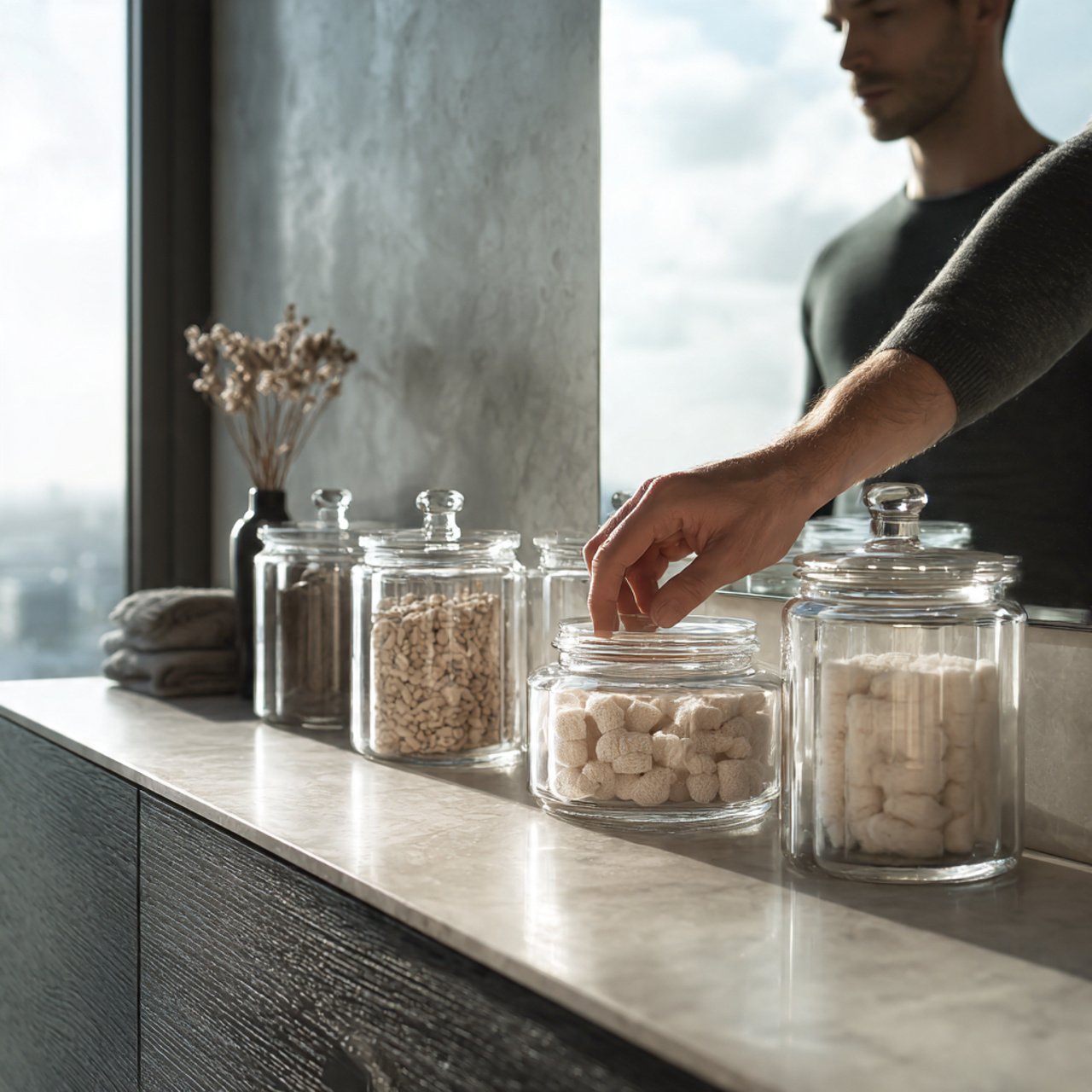 apartment bathroom with clear glass apothecary jar