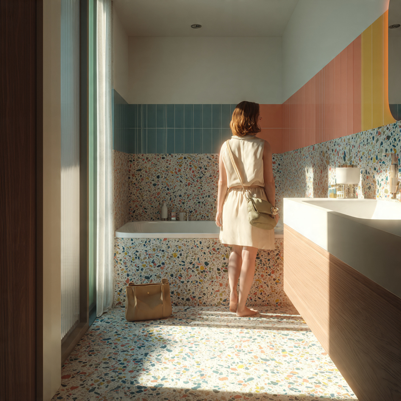 apartment bathroom with colorful peel and stick te