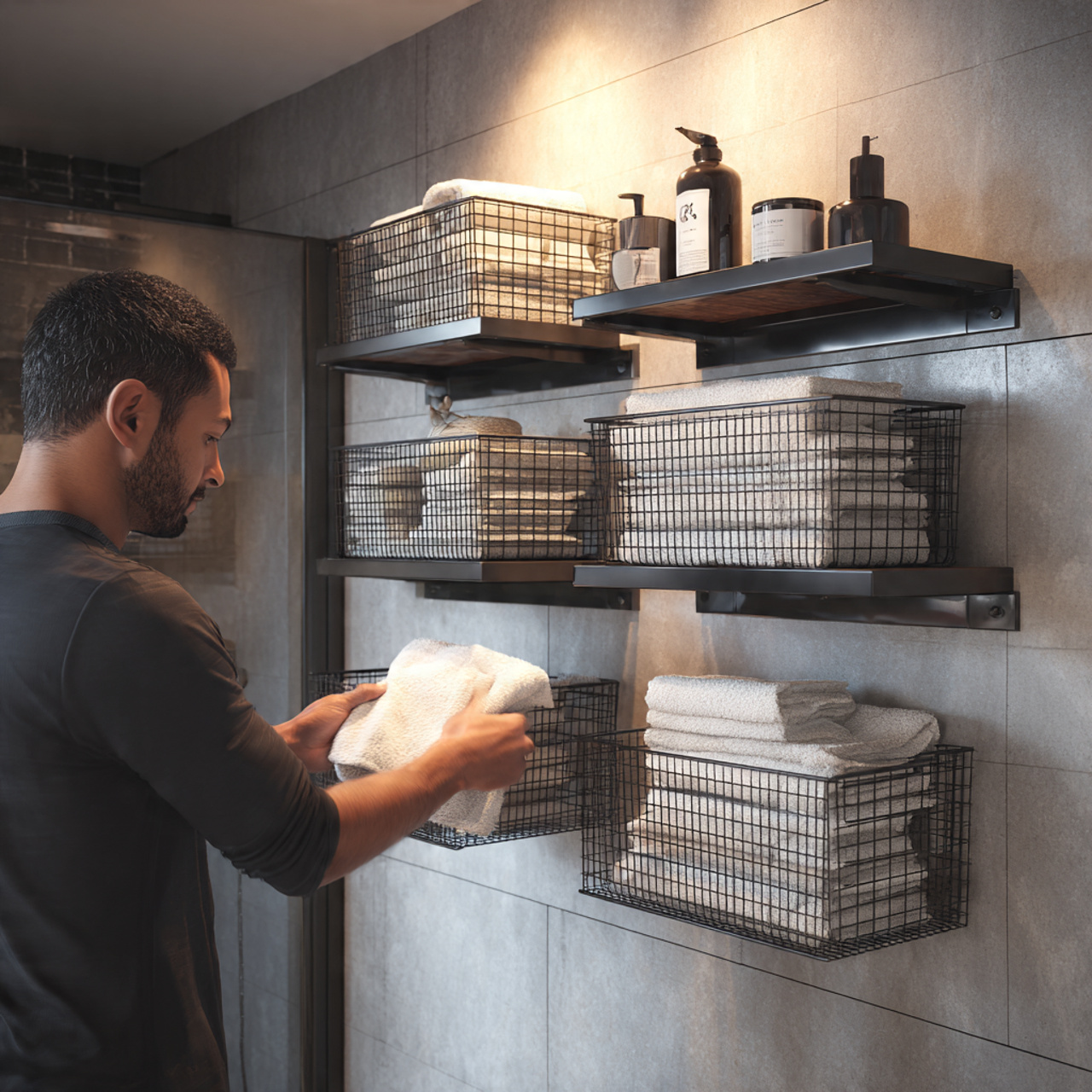 apartment bathroom with dark metal industrial wire