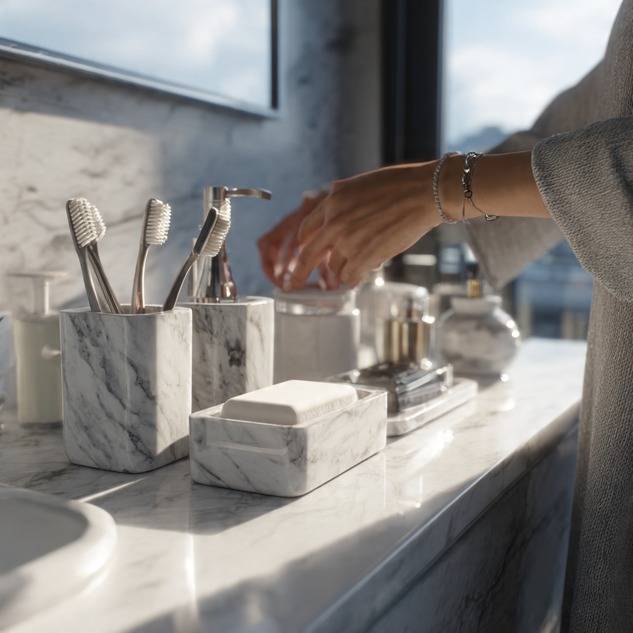 apartment bathroom with faux marble countertop org