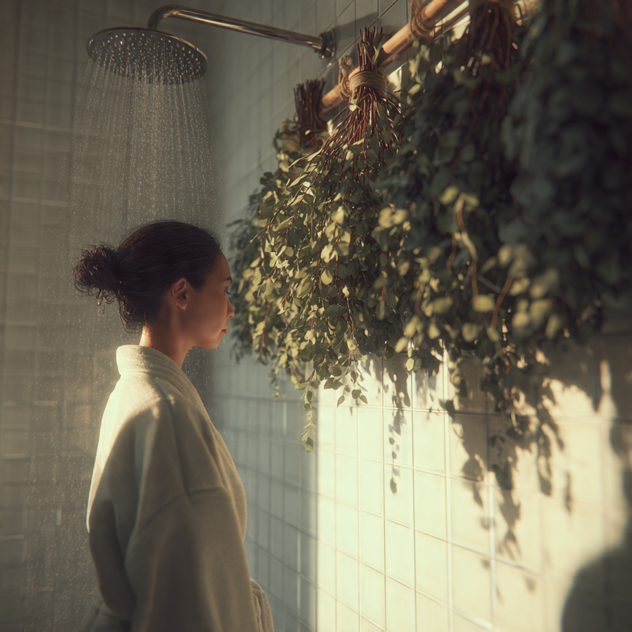 apartment bathroom with fresh eucalyptus bundles h