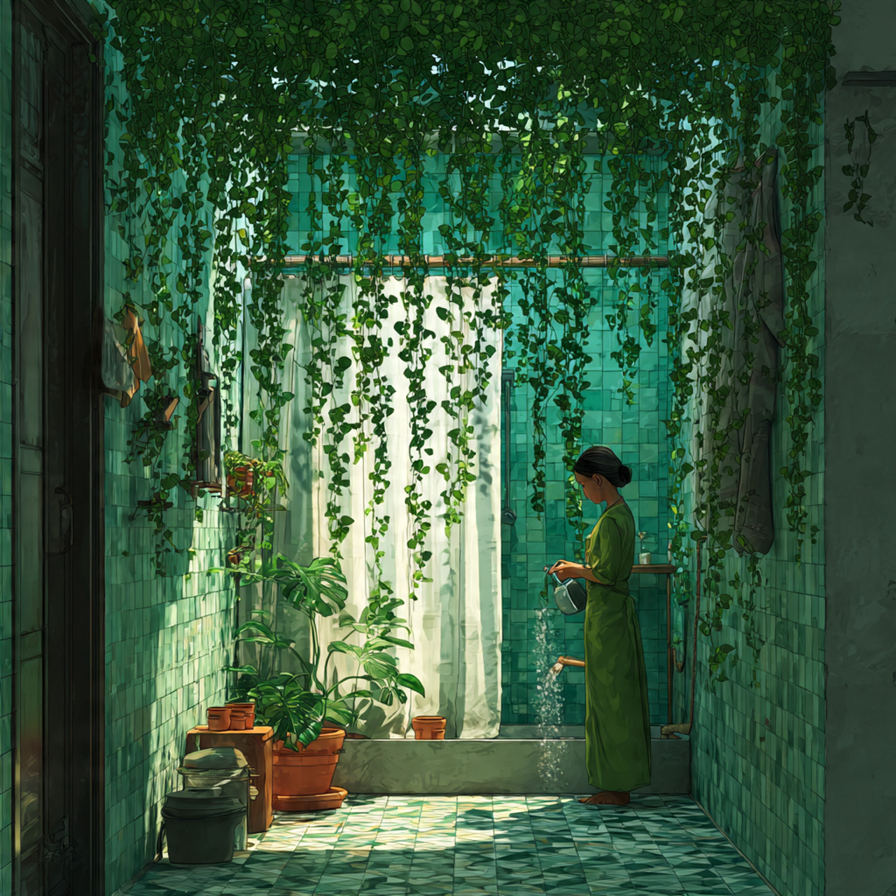 apartment bathroom with hanging trailing vines fro