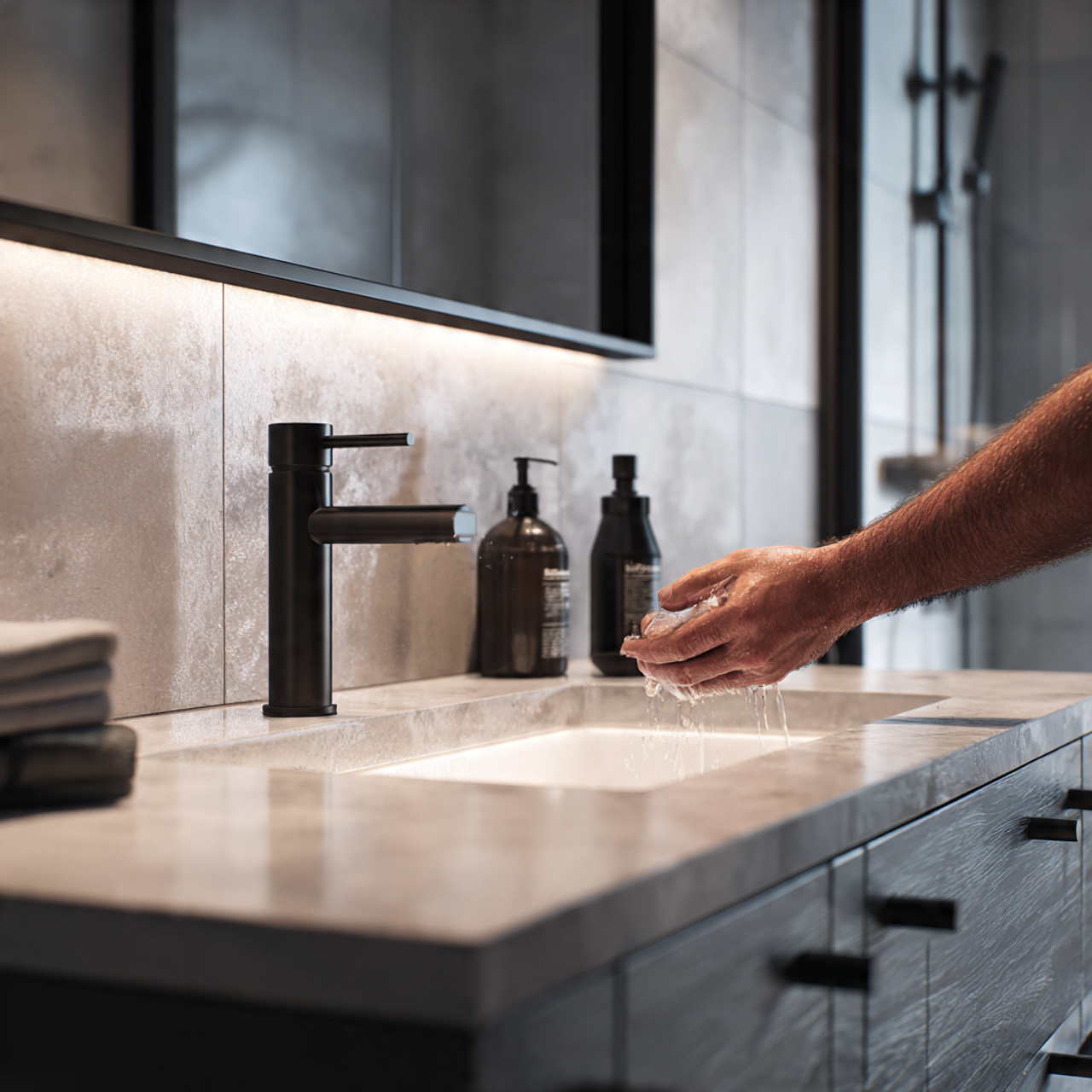 apartment bathroom with matte black faucets and dr