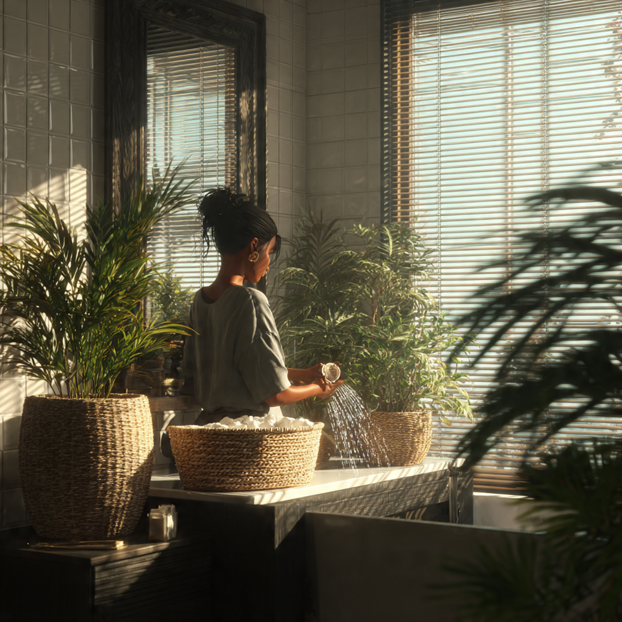 apartment bathroom with woven seagrass planters ho