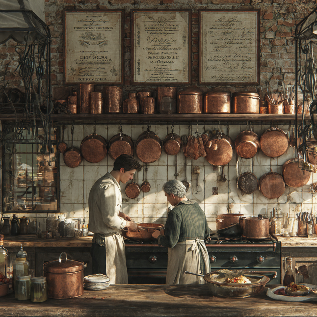 authentic kitchen scene with antique copper cookwa
