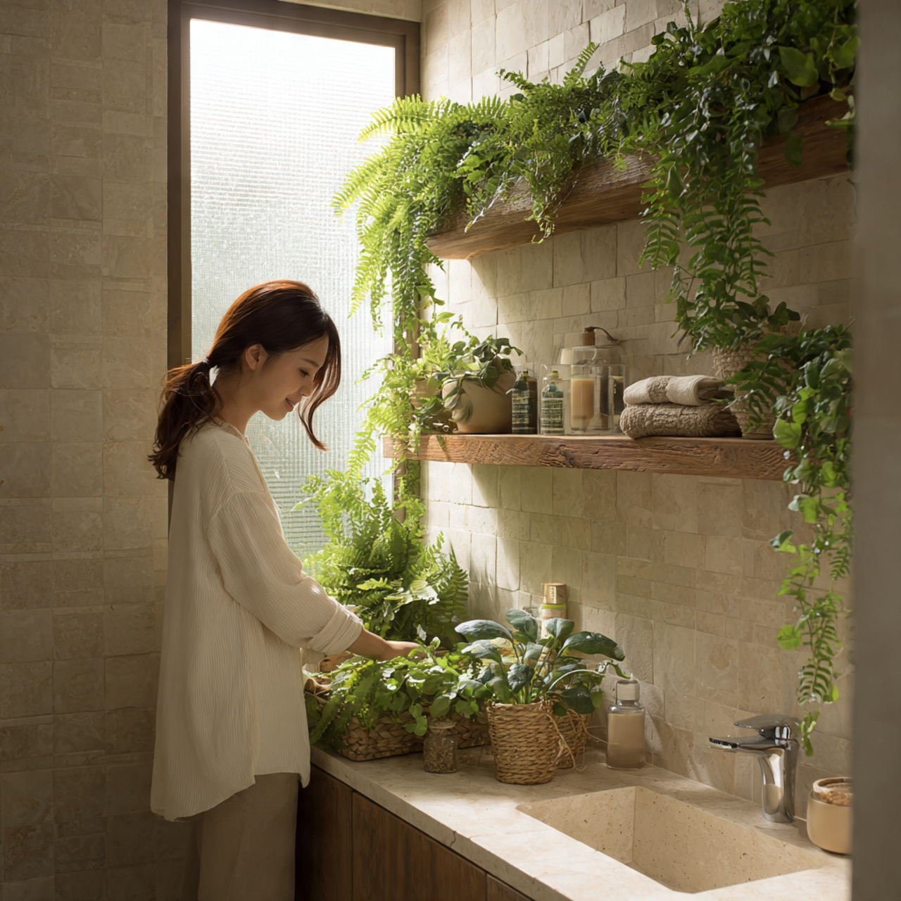 bathroom ideas decor featuring biophilic greenery