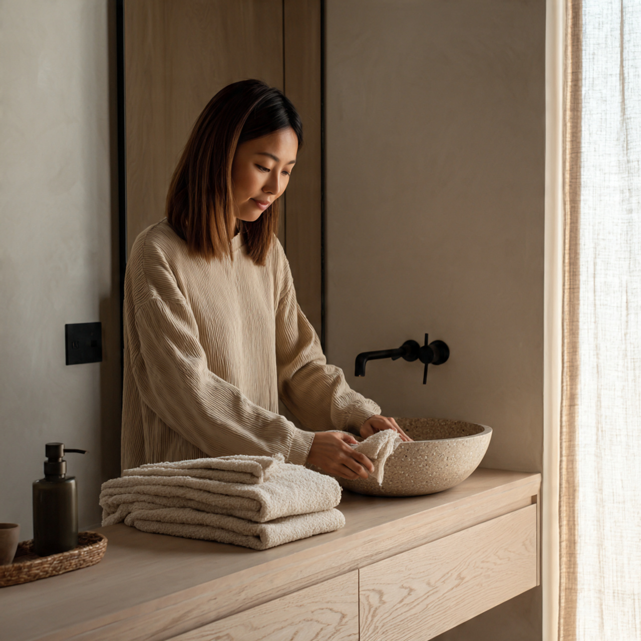 bathroom ideas decor featuring japandi neutral pal