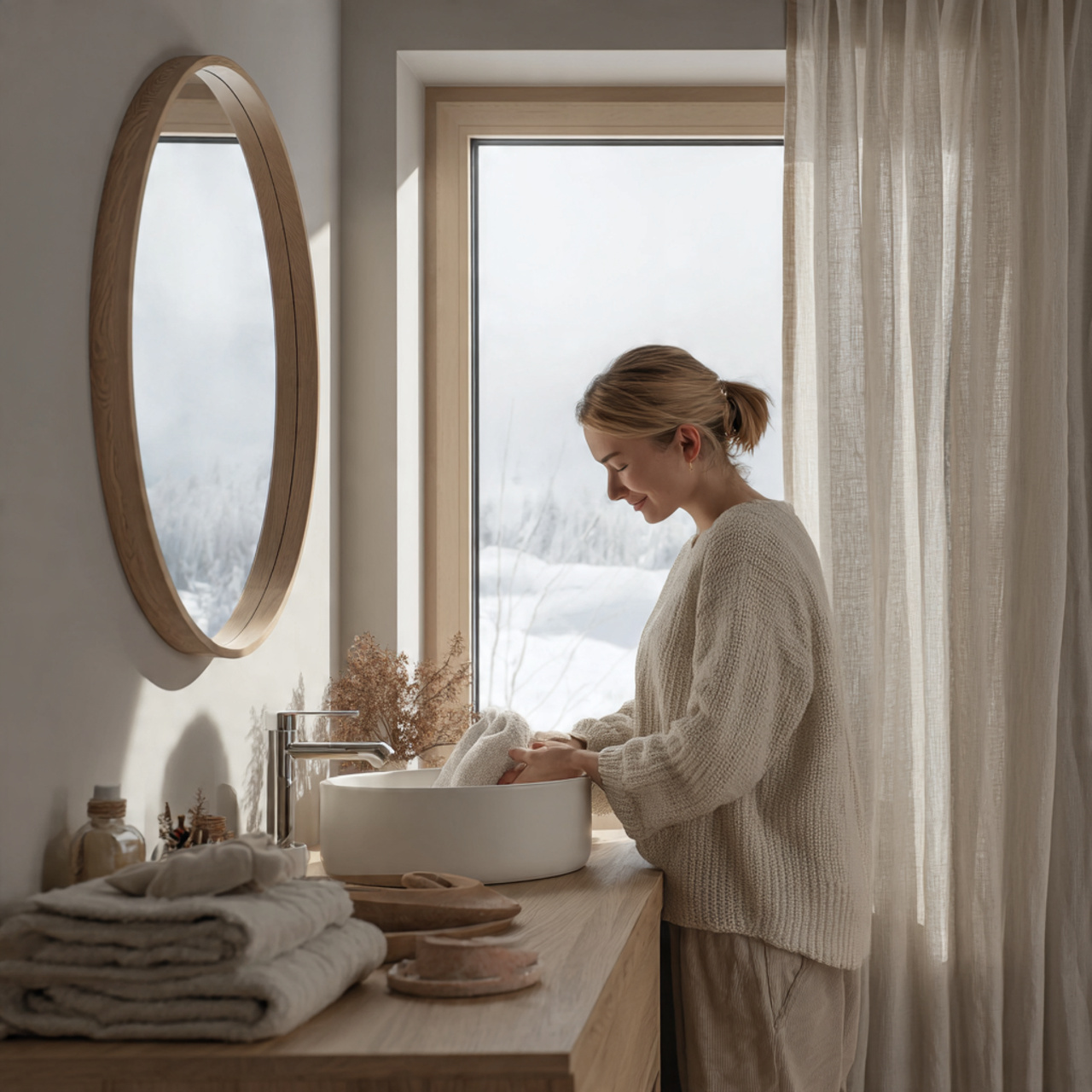 bathroom ideas decor featuring scandi style light