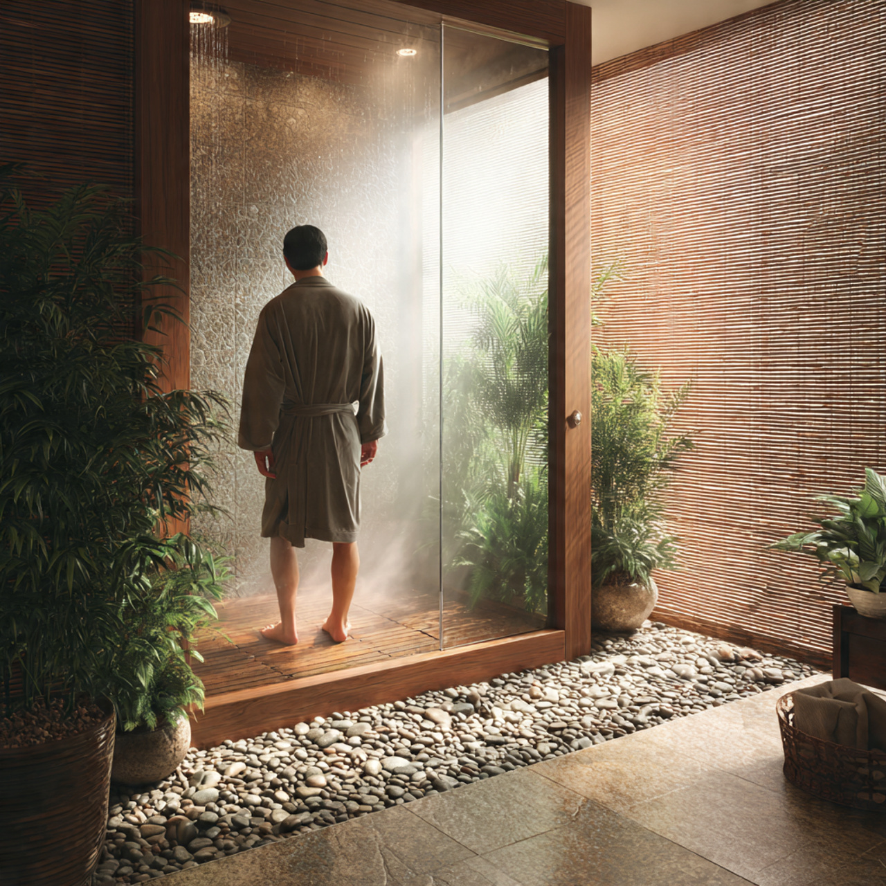 bathroom ideas decor featuring zen pebble flooring