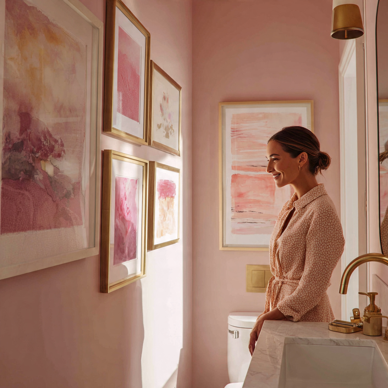 25 Trendy Pink Bathroom Decor Ideas for a Bold Transformation 10 bathroom interior with framed pastel abstract art