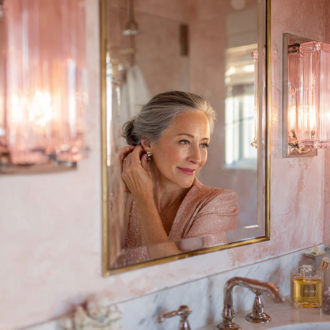 25 Trendy Pink Bathroom Decor Ideas for a Bold Transformation 14 bathroom wall featuring art deco pink glass sconce