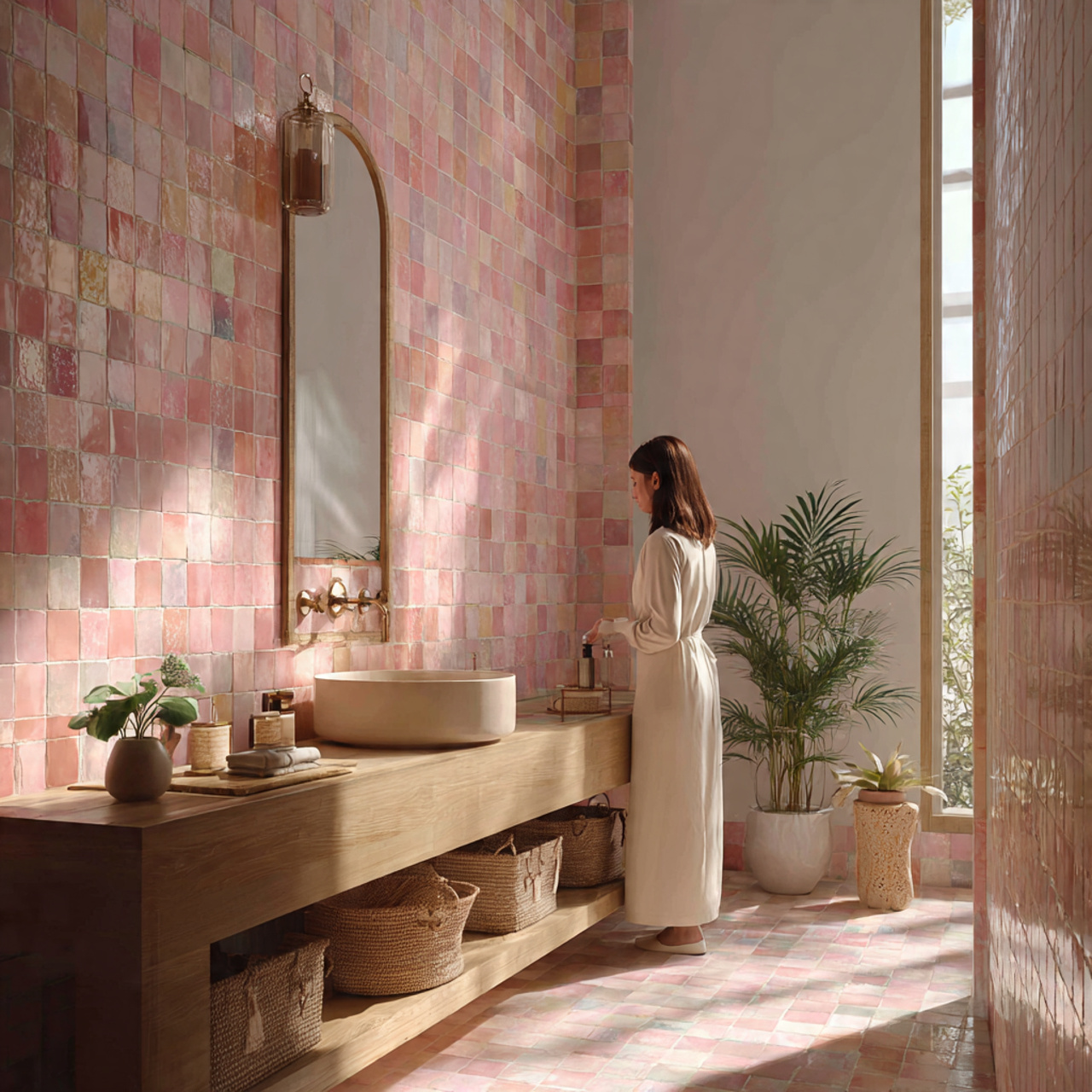 25 Trendy Pink Bathroom Decor Ideas for a Bold Transformation 18 bathroom walls covered with handcrafted moroccan p