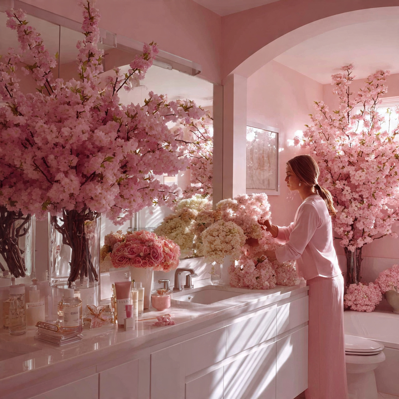 25 Trendy Pink Bathroom Decor Ideas for a Bold Transformation 19 bathroom with cherry blossom decorative accents si