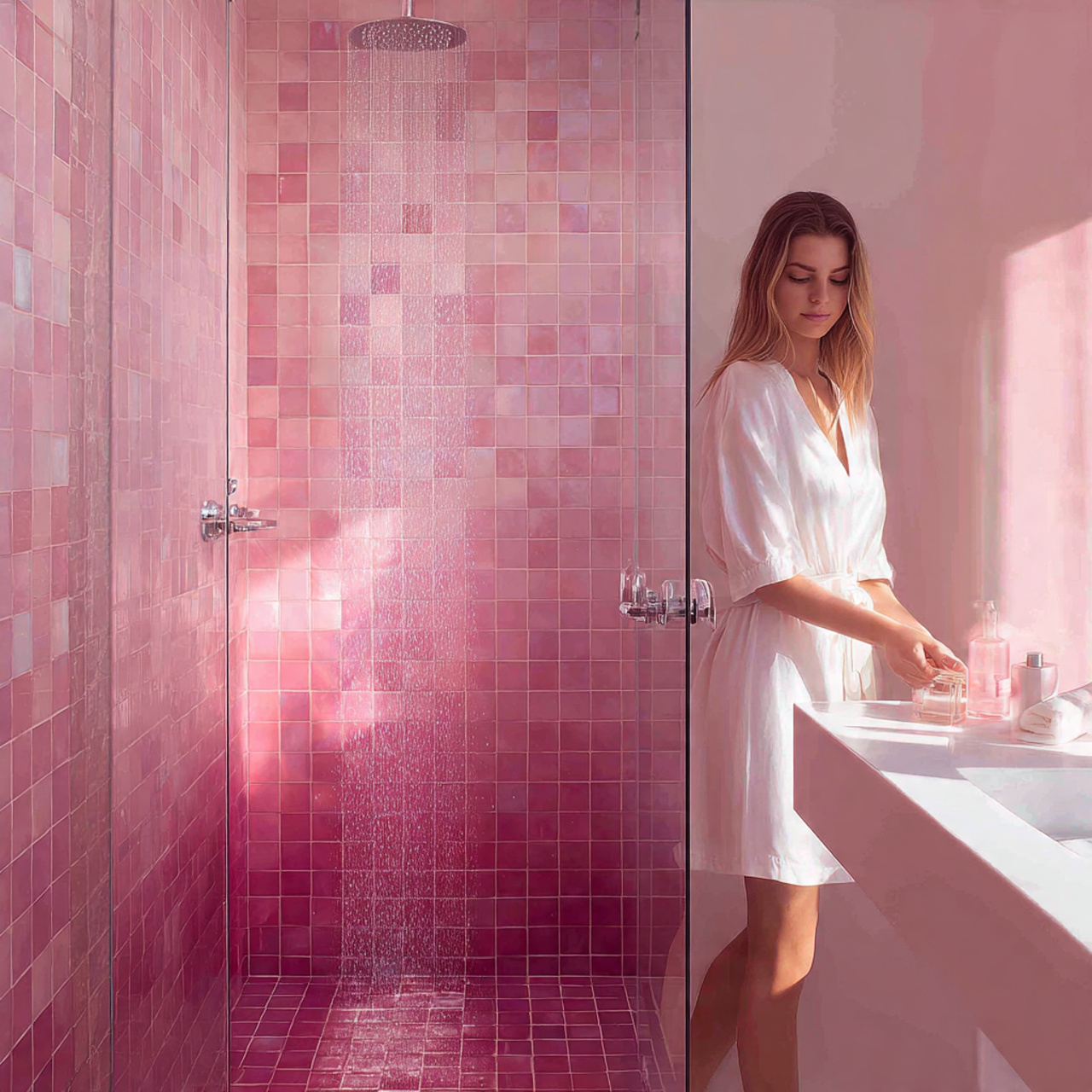 25 Trendy Pink Bathroom Decor Ideas for a Bold Transformation 21 bathroom with ombre pink tiled shower walls gradie