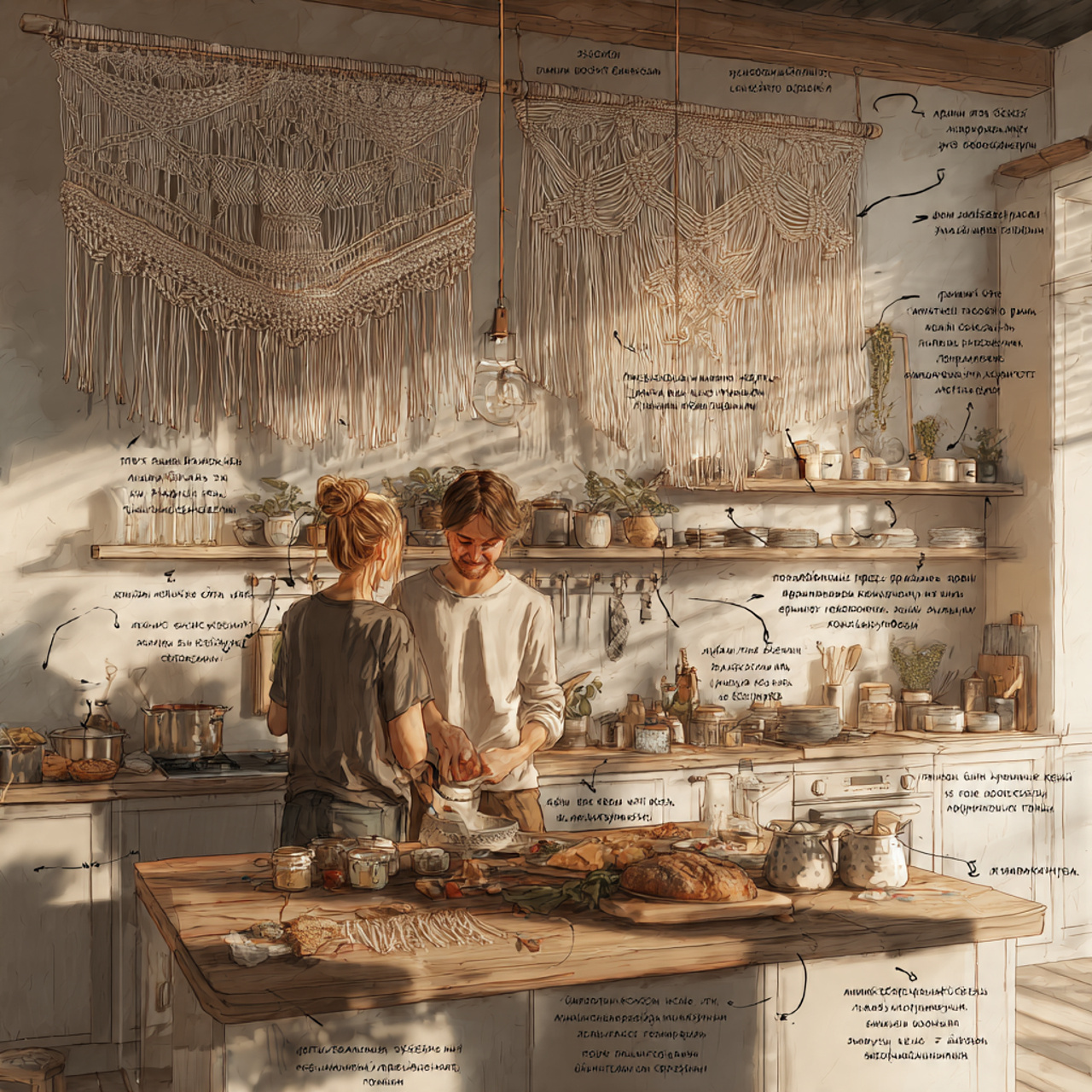 bohemian style kitchen featuring large macram