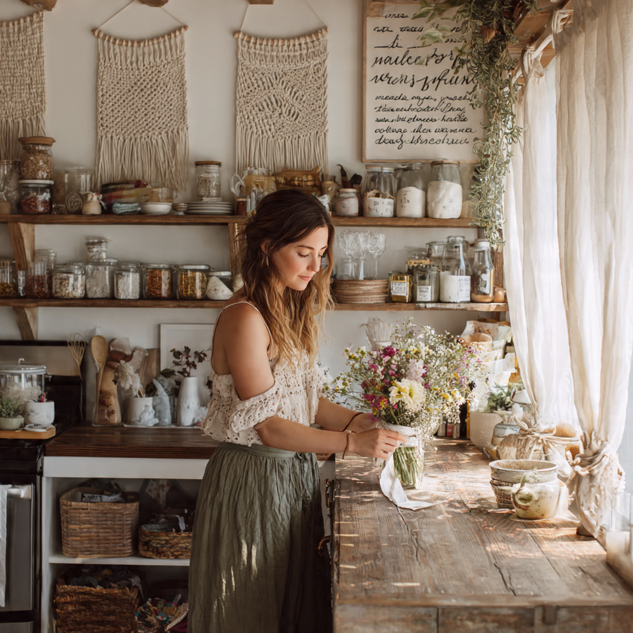 bohemian style kitchen with woven macrame hangings