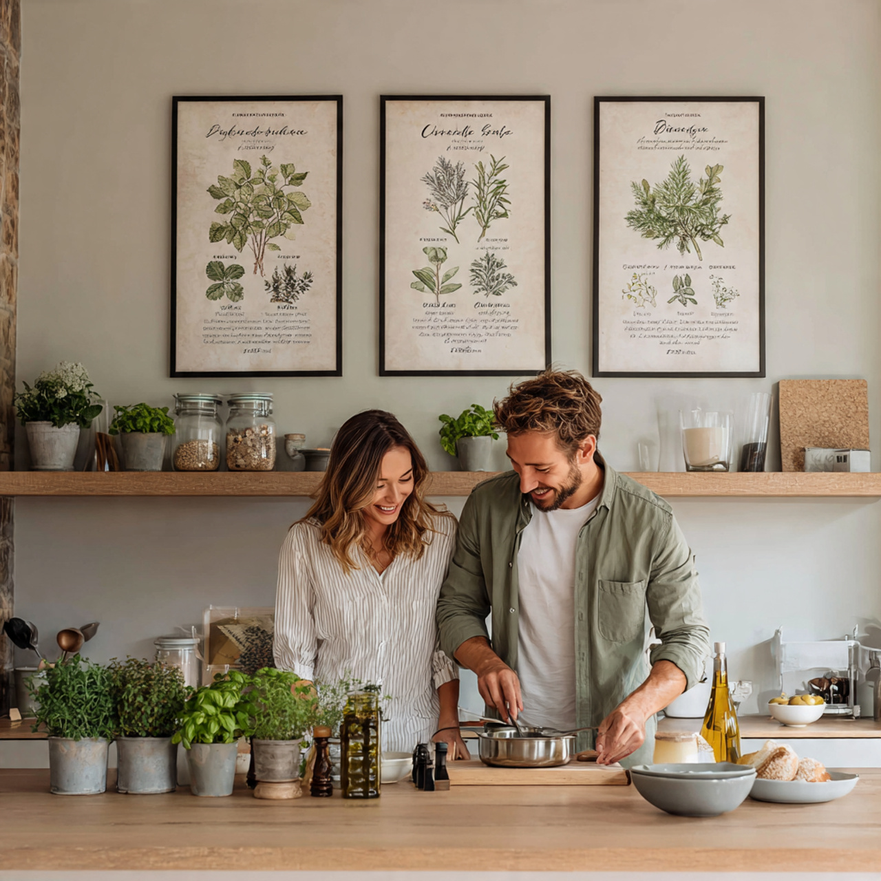 bright contemporary kitchen with framed botanical